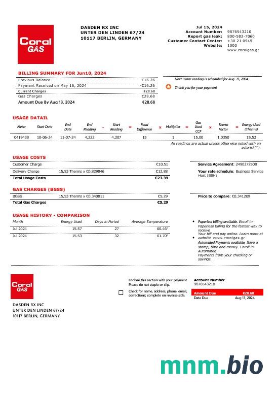 Grecja CORAL GAS rachunek za usługi komunalne szablon w formacie Word i PDF